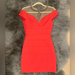 BCBGMAXAZRIA Bright Red Dress w/ Studded Neckline